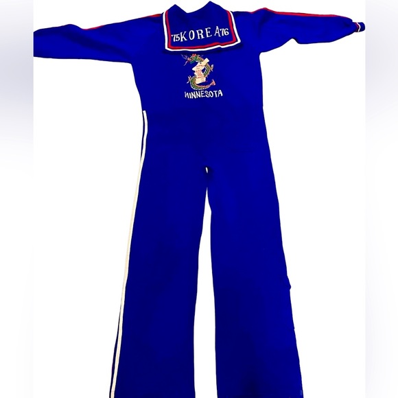 Vintage 1970s handmade Blue bellbottom jumpsuit Korea & Minnesota Stitching